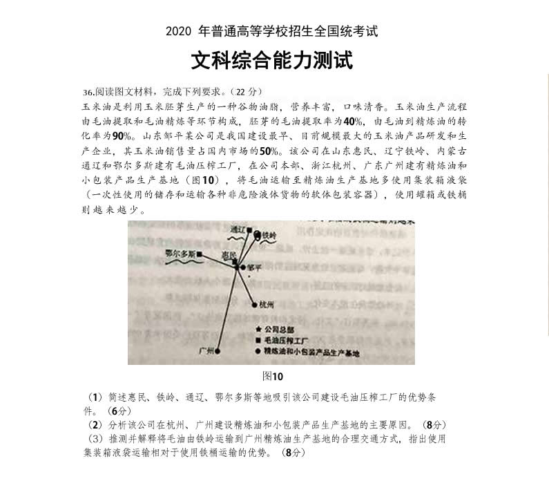 山東三星集團(tuán)玉米油登上了2020全國高考卷！這道題你會怎么答？